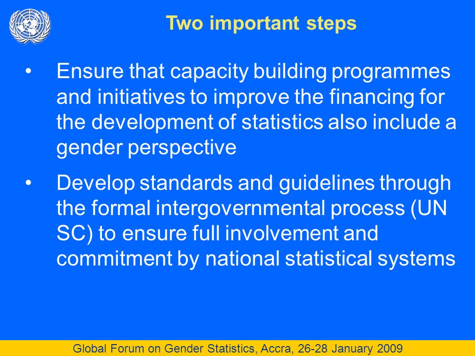 Global Forum on Gender Statistics, Accra, January 2009 Ensure that capacity building programmes and initiatives to improve the financing for the development of statistics also include a gender perspective Develop standards and guidelines through the formal intergovernmental process (UN SC) to ensure full involvement and commitment by national statistical systems Two important steps