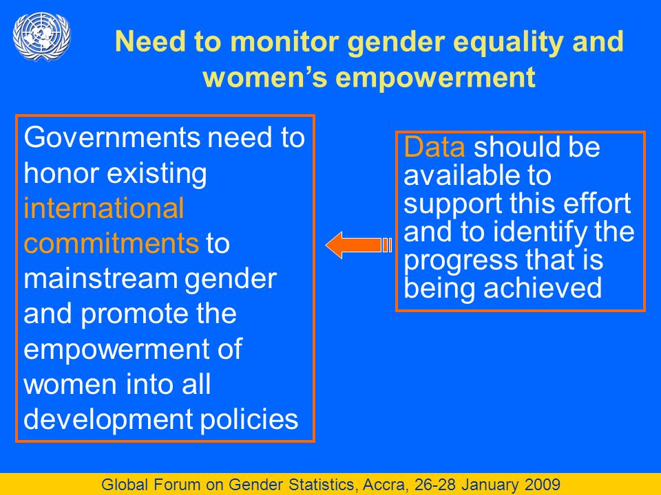 Global Forum on Gender Statistics, Accra, January 2009 Need to monitor gender equality and womens empowerment Governments need to honor existing international commitments to mainstream gender and promote the empowerment of women into all development policies Data should be available to support this effort and to identify the progress that is being achieved