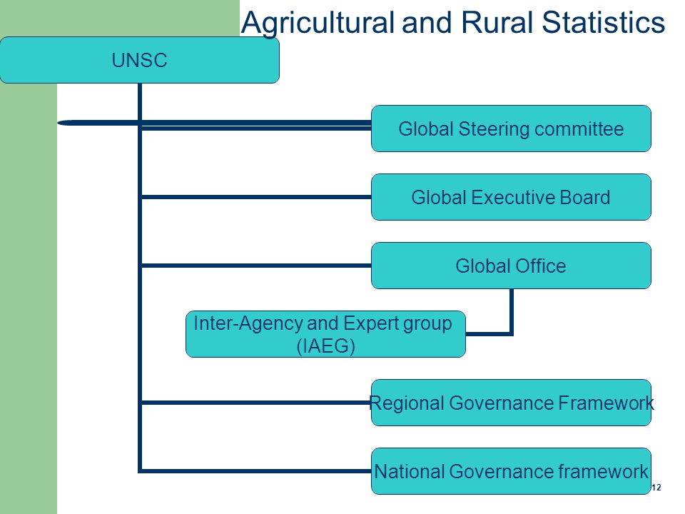 12 UNSC Global Steering committee Global Executive Board Global Office Inter-Agency and Expert group (IAEG) Regional Governance Framework National Governance framework Agricultural and Rural Statistics