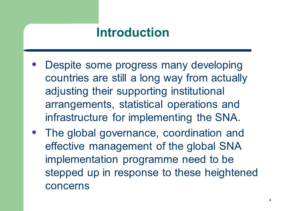 4 Introduction Despite some progress many developing countries are still a long way from actually adjusting their supporting institutional arrangements, statistical operations and infrastructure for implementing the SNA.