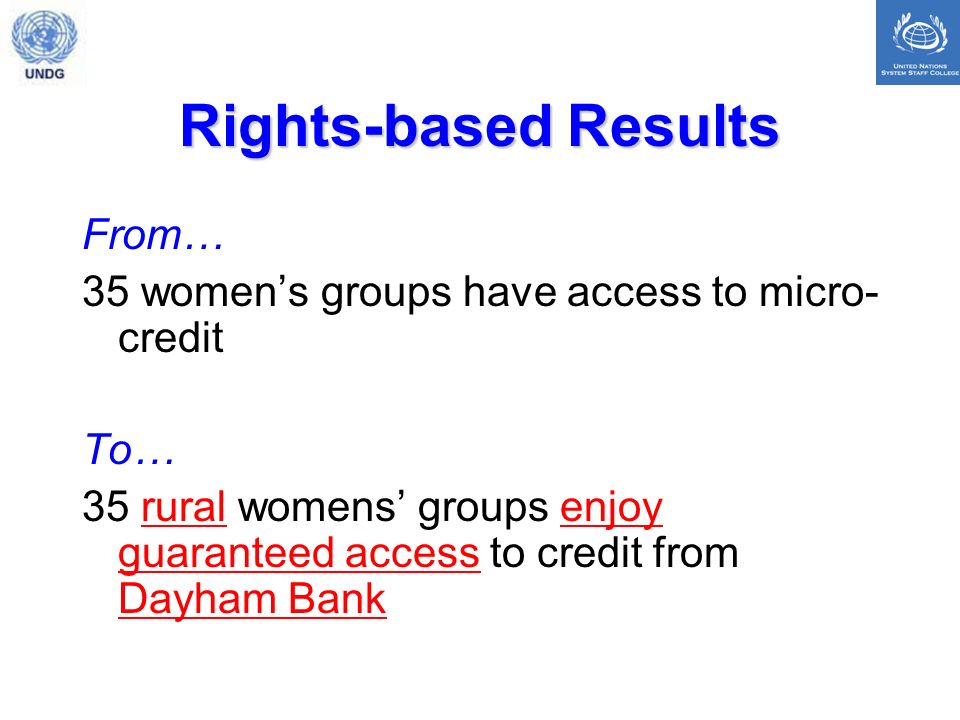 Rights-based Results From… 35 womens groups have access to micro- credit To… 35 rural womens groups enjoy guaranteed access to credit from Dayham Bank