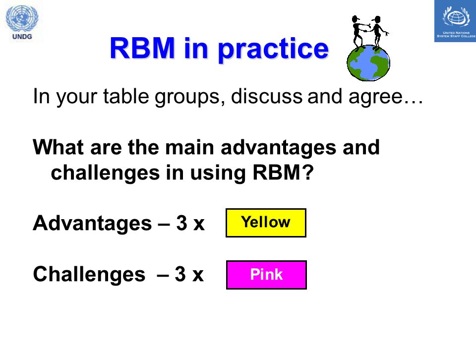 RBM in practice In your table groups, discuss and agree… What are the main advantages and challenges in using RBM.