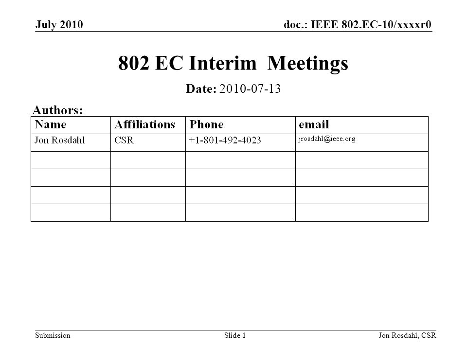 doc.: IEEE 802.EC-10/xxxxr0 Submission July 2010 Jon Rosdahl, CSRSlide EC Interim Meetings Date: Authors: