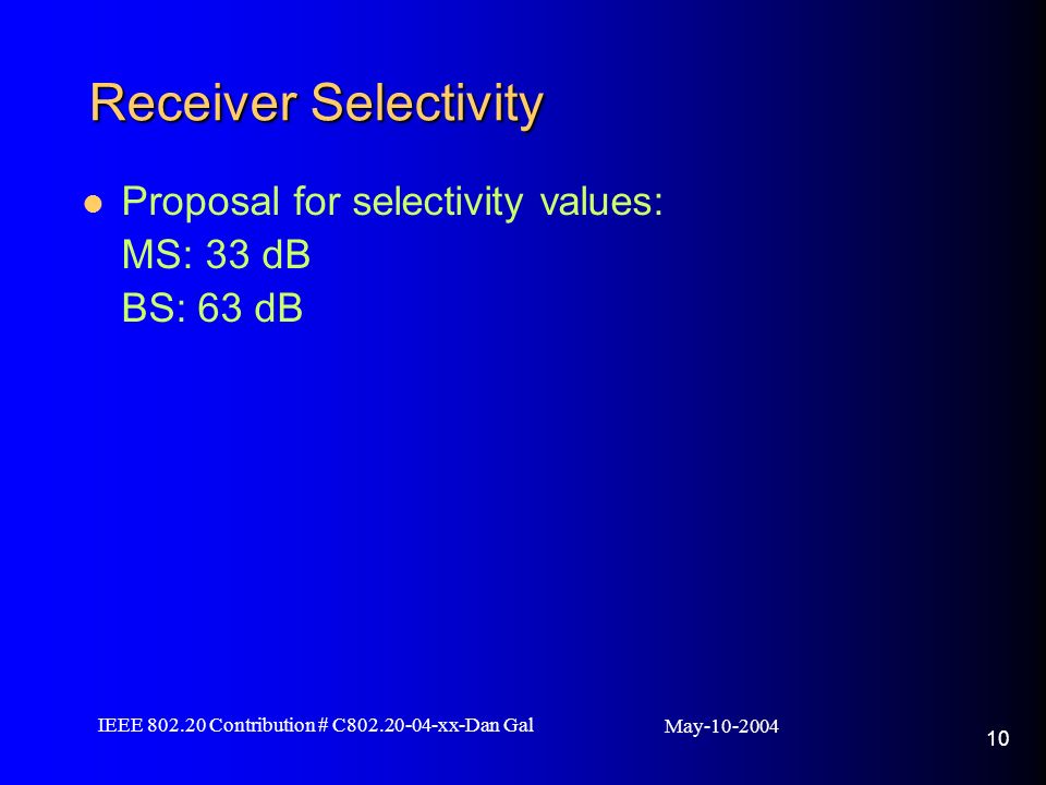 May IEEE Contribution # C xx-Dan Gal 10 Receiver Selectivity Proposal for selectivity values: MS: 33 dB BS: 63 dB
