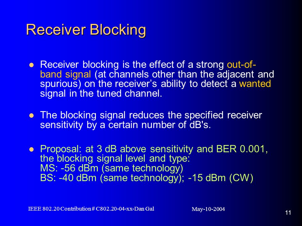 May IEEE Contribution # C xx-Dan Gal 11 Receiver Blocking Receiver blocking is the effect of a strong out-of- band signal (at channels other than the adjacent and spurious) on the receivers ability to detect a wanted signal in the tuned channel.