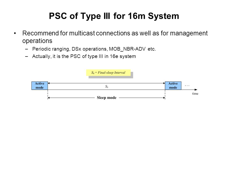 PSC of Type III for 16m System Recommend for multicast connections as well as for management operations –Periodic ranging, DSx operations, MOB_NBR-ADV etc.