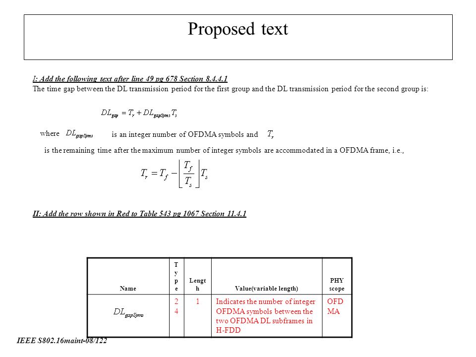 IEEE S802.16maint-08/122 Proposed text I: Add the following text after line 49 pg 678 Section The time gap between the DL transmission period for the first group and the DL transmission period for the second group is: where is an integer number of OFDMA symbols and is the remaining time after the maximum number of integer symbols are accommodated in a OFDMA frame, i.e., II: Add the row shown in Red to Table 543 pg 1067 Section Name TypeType Lengt hValue(variable length) PHY scope Indicates the number of integer OFDMA symbols between the two OFDMA DL subframes in H-FDD OFD MA