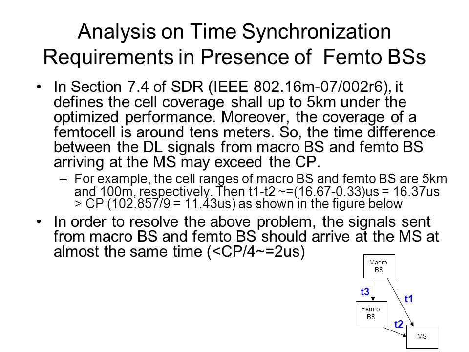 Analysis on Time Synchronization Requirements in Presence of Femto BSs In Section 7.4 of SDR (IEEE m-07/002r6), it defines the cell coverage shall up to 5km under the optimized performance.