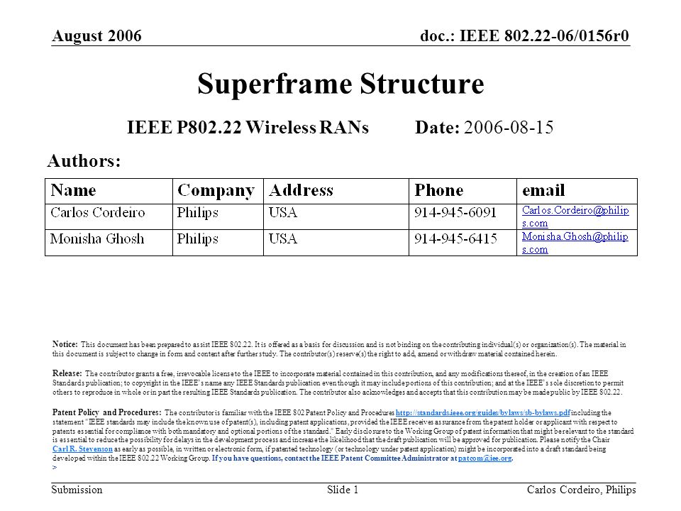 doc.: IEEE /0156r0 Submission August 2006 Carlos Cordeiro, PhilipsSlide 1 Superframe Structure IEEE P Wireless RANs Date: Authors: Notice: This document has been prepared to assist IEEE
