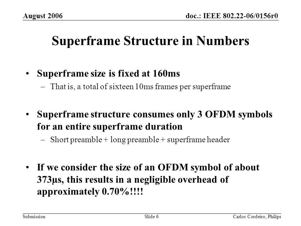 doc.: IEEE /0156r0 Submission August 2006 Carlos Cordeiro, PhilipsSlide 6 Superframe Structure in Numbers Superframe size is fixed at 160ms –That is, a total of sixteen 10ms frames per superframe Superframe structure consumes only 3 OFDM symbols for an entire superframe duration –Short preamble + long preamble + superframe header If we consider the size of an OFDM symbol of about 373µs, this results in a negligible overhead of approximately 0.70%!!!!
