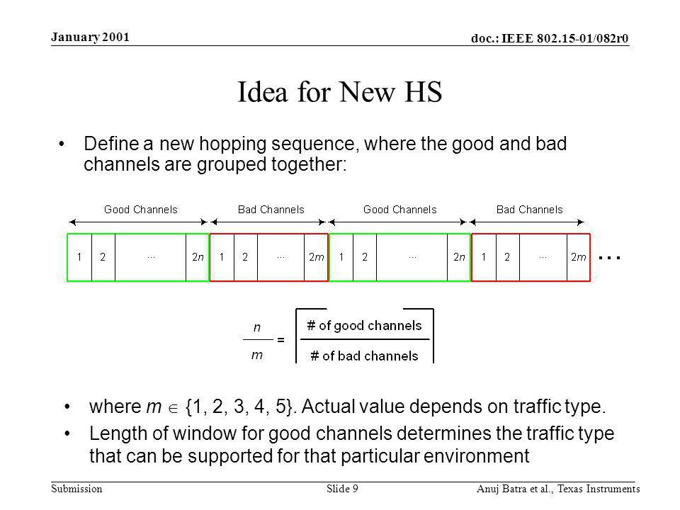 doc.: IEEE /082r0 Submission January 2001 Anuj Batra et al., Texas InstrumentsSlide 9 Idea for New HS Define a new hopping sequence, where the good and bad channels are grouped together: where m {1, 2, 3, 4, 5}.