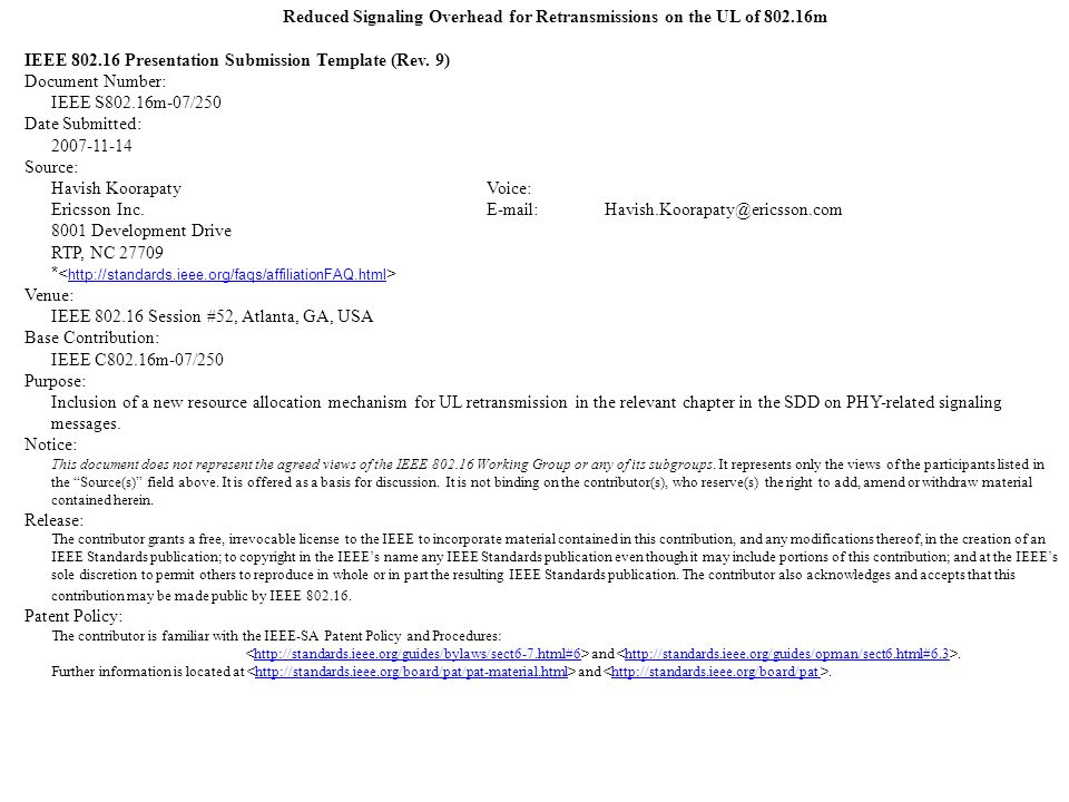Reduced Signaling Overhead for Retransmissions on the UL of m IEEE Presentation Submission Template (Rev.