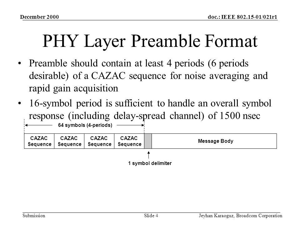 doc.: IEEE /021r1 Submission December 2000 Jeyhan Karaoguz, Broadcom CorporationSlide 4 PHY Layer Preamble Format Preamble should contain at least 4 periods (6 periods desirable) of a CAZAC sequence for noise averaging and rapid gain acquisition 16-symbol period is sufficient to handle an overall symbol response (including delay-spread channel) of 1500 nsec CAZAC Sequence CAZAC Sequence CAZAC Sequence CAZAC Sequence 1 symbol delimiter Message Body 64 symbols (4-periods)