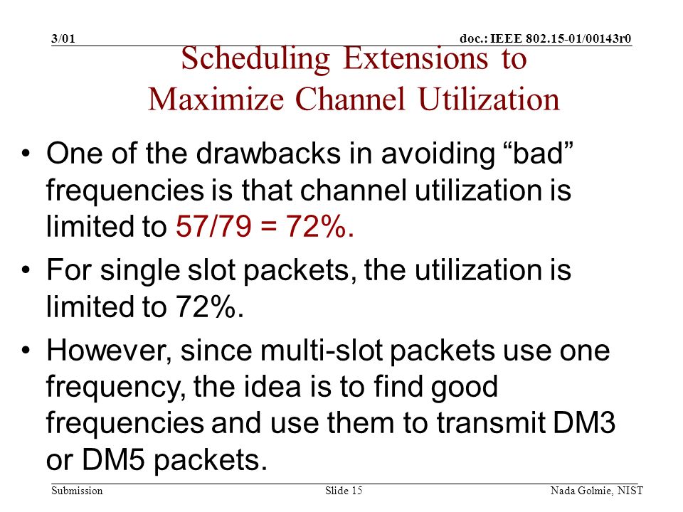 doc.: IEEE /00143r0 Submission 3/01 Nada Golmie, NISTSlide 15 One of the drawbacks in avoiding bad frequencies is that channel utilization is limited to 57/79 = 72%.