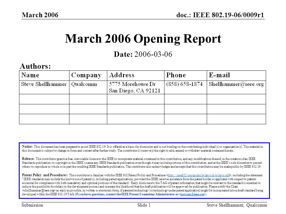 doc.: IEEE /0009r1 Submission March 2006 Steve Shellhammer, QualcommSlide 1 March 2006 Opening Report Notice: This document has been prepared to assist IEEE