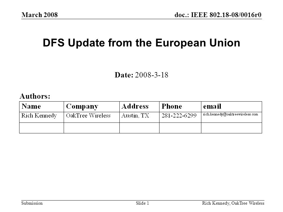 doc.: IEEE /0016r0 Submission March 2008 Rich Kennedy, OakTree WirelessSlide 1 DFS Update from the European Union Date: Authors:
