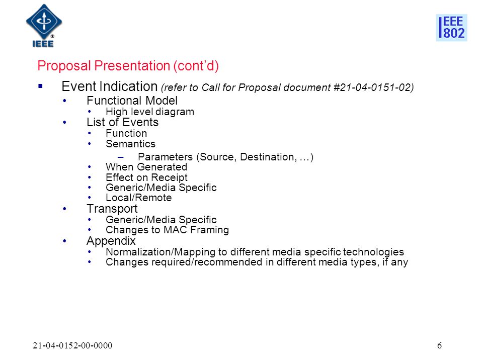 Proposal Presentation (contd) Event Indication (refer to Call for Proposal document # ) Functional Model High level diagram List of Events Function Semantics –Parameters (Source, Destination, …) When Generated Effect on Receipt Generic/Media Specific Local/Remote Transport Generic/Media Specific Changes to MAC Framing Appendix Normalization/Mapping to different media specific technologies Changes required/recommended in different media types, if any