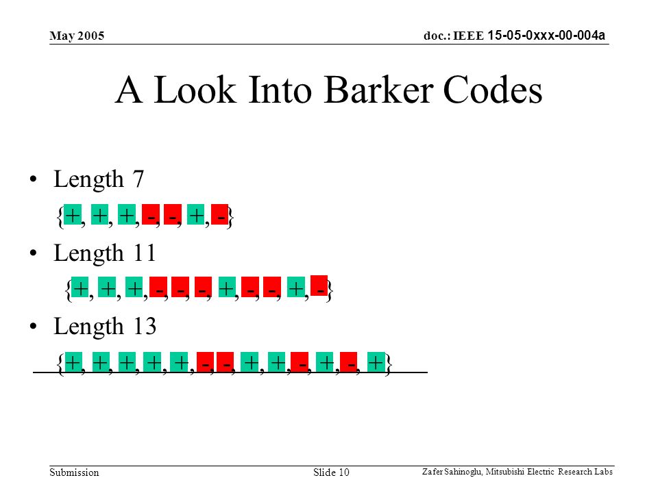 doc.: IEEE xxx a Submission May 2005 Zafer Sahinoglu, Mitsubishi Electric Research Labs Slide 10 A Look Into Barker Codes Length 7 {+, +, +, -, -, +, -} Length 11 {+, +, +, -, -, -, +, -, -, +, -} Length 13 {+, +, +, +, +, -, -, +, +, -, +, -, +}