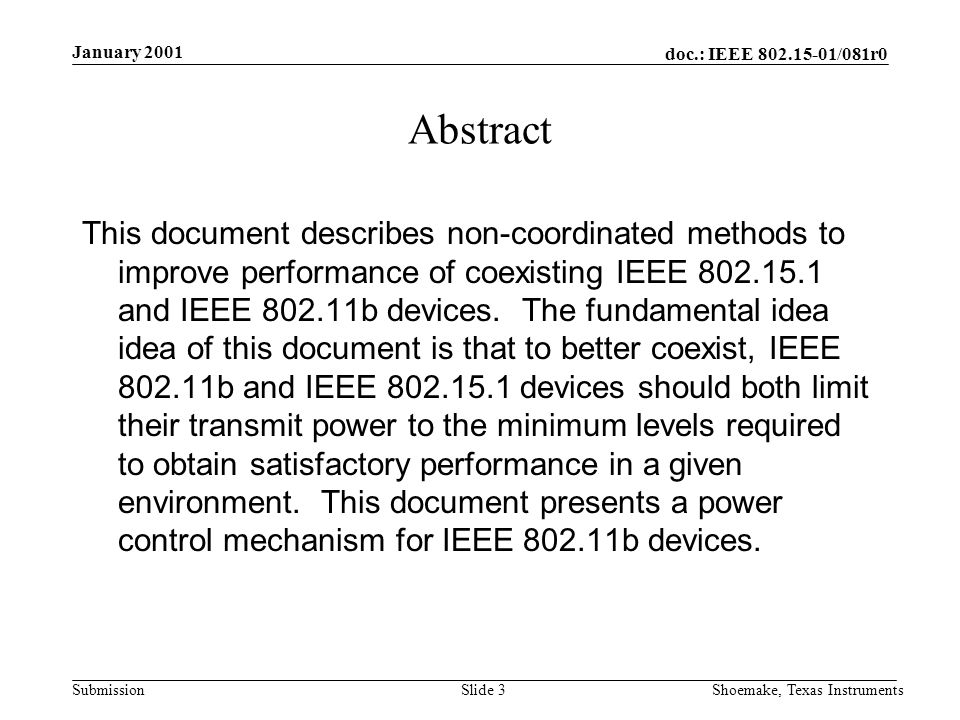 doc.: IEEE /081r0 Submission January 2001 Shoemake, Texas InstrumentsSlide 3 Abstract This document describes non-coordinated methods to improve performance of coexisting IEEE and IEEE b devices.