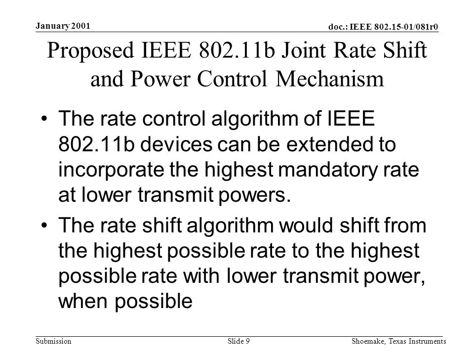 doc.: IEEE /081r0 Submission January 2001 Shoemake, Texas InstrumentsSlide 9 Proposed IEEE b Joint Rate Shift and Power Control Mechanism The rate control algorithm of IEEE b devices can be extended to incorporate the highest mandatory rate at lower transmit powers.