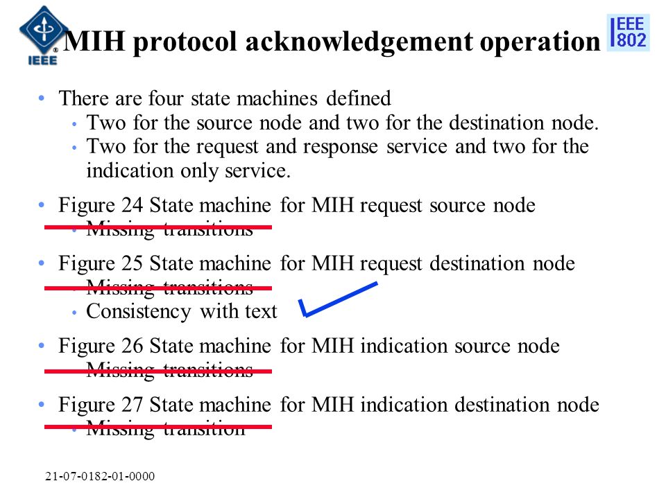 MIH protocol acknowledgement operation There are four state machines defined Two for the source node and two for the destination node.