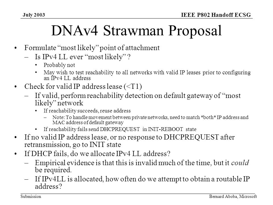 IEEE P802 Handoff ECSG Submission July 2003 Bernard Aboba, Microsoft DNAv4 Strawman Proposal Formulate most likely point of attachment –Is IPv4 LL ever most likely .