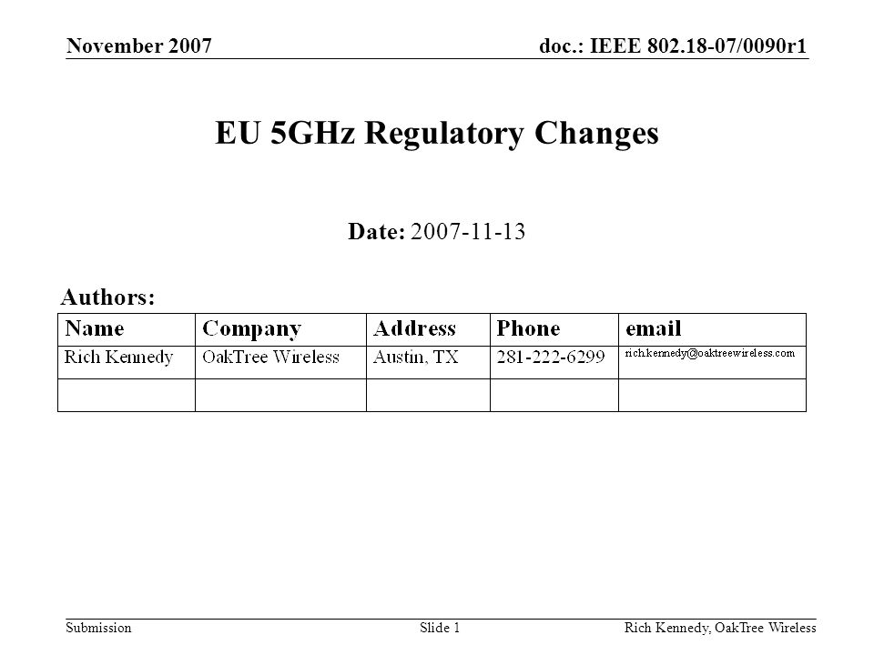 doc.: IEEE /0090r1 Submission November 2007 Rich Kennedy, OakTree WirelessSlide 1 EU 5GHz Regulatory Changes Date: Authors: