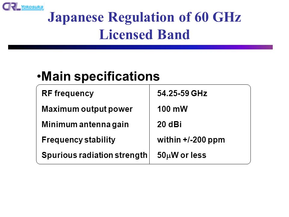 Japanese Regulation of 60 GHz Licensed Band RF frequency GHz Maximum output power100 mW Minimum antenna gain20 dBi Frequency stabilitywithin +/-200 ppm Spurious radiation strength50 W or less Main specifications