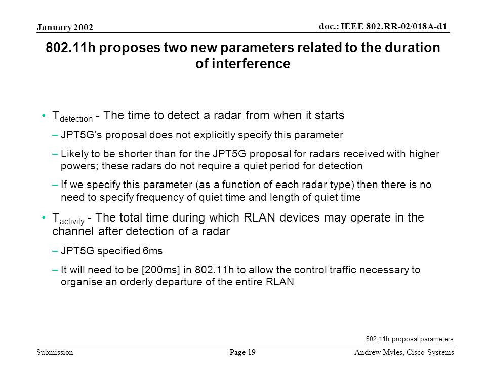 Submission Page 19 January 2002 doc.: IEEE 802.RR-02/018A-d1 Andrew Myles, Cisco Systems h proposes two new parameters related to the duration of interference T detection - The time to detect a radar from when it starts –JPT5Gs proposal does not explicitly specify this parameter –Likely to be shorter than for the JPT5G proposal for radars received with higher powers; these radars do not require a quiet period for detection –If we specify this parameter (as a function of each radar type) then there is no need to specify frequency of quiet time and length of quiet time T activity - The total time during which RLAN devices may operate in the channel after detection of a radar –JPT5G specified 6ms –It will need to be [200ms] in h to allow the control traffic necessary to organise an orderly departure of the entire RLAN h proposal parameters