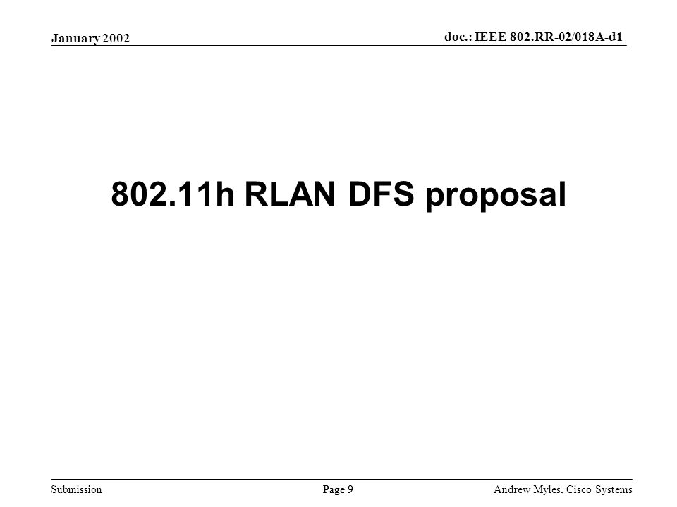 Submission Page 9 January 2002 doc.: IEEE 802.RR-02/018A-d1 Andrew Myles, Cisco Systems h RLAN DFS proposal