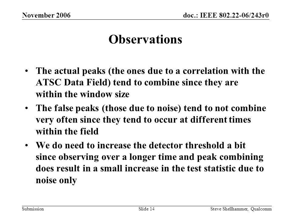 doc.: IEEE /243r0 Submission November 2006 Steve Shellhammer, QualcommSlide 14 Observations The actual peaks (the ones due to a correlation with the ATSC Data Field) tend to combine since they are within the window size The false peaks (those due to noise) tend to not combine very often since they tend to occur at different times within the field We do need to increase the detector threshold a bit since observing over a longer time and peak combining does result in a small increase in the test statistic due to noise only