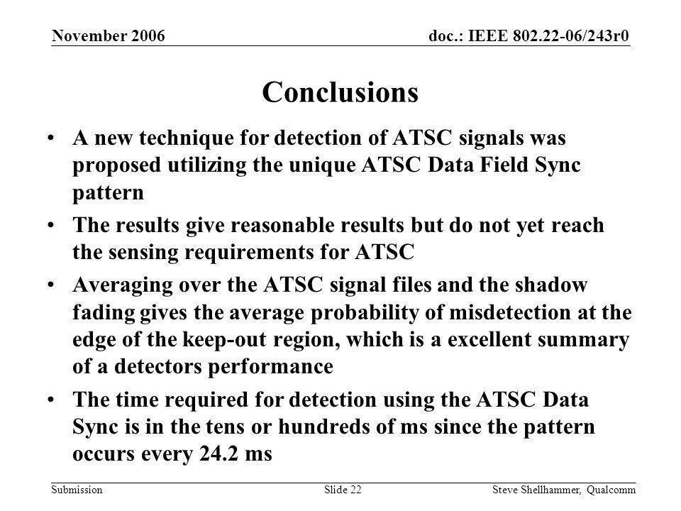 doc.: IEEE /243r0 Submission November 2006 Steve Shellhammer, QualcommSlide 22 Conclusions A new technique for detection of ATSC signals was proposed utilizing the unique ATSC Data Field Sync pattern The results give reasonable results but do not yet reach the sensing requirements for ATSC Averaging over the ATSC signal files and the shadow fading gives the average probability of misdetection at the edge of the keep-out region, which is a excellent summary of a detectors performance The time required for detection using the ATSC Data Sync is in the tens or hundreds of ms since the pattern occurs every 24.2 ms