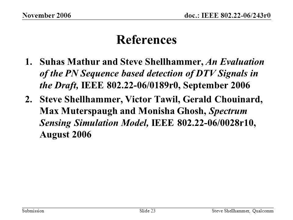 doc.: IEEE /243r0 Submission November 2006 Steve Shellhammer, QualcommSlide 23 References 1.Suhas Mathur and Steve Shellhammer, An Evaluation of the PN Sequence based detection of DTV Signals in the Draft, IEEE /0189r0, September Steve Shellhammer, Victor Tawil, Gerald Chouinard, Max Muterspaugh and Monisha Ghosh, Spectrum Sensing Simulation Model, IEEE /0028r10, August 2006