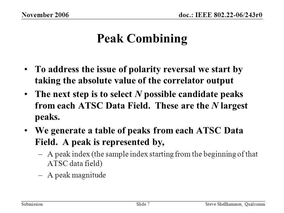 doc.: IEEE /243r0 Submission November 2006 Steve Shellhammer, QualcommSlide 7 Peak Combining To address the issue of polarity reversal we start by taking the absolute value of the correlator output The next step is to select N possible candidate peaks from each ATSC Data Field.