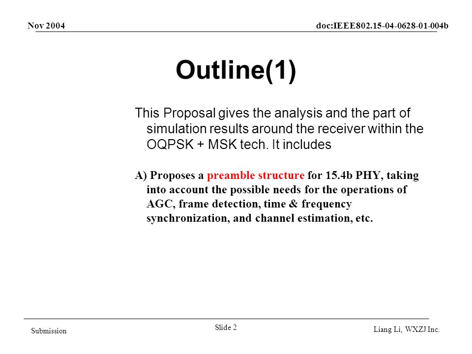 Nov 2004 doc:IEEE b Slide 2 Submission Liang Li, WXZJ Inc.