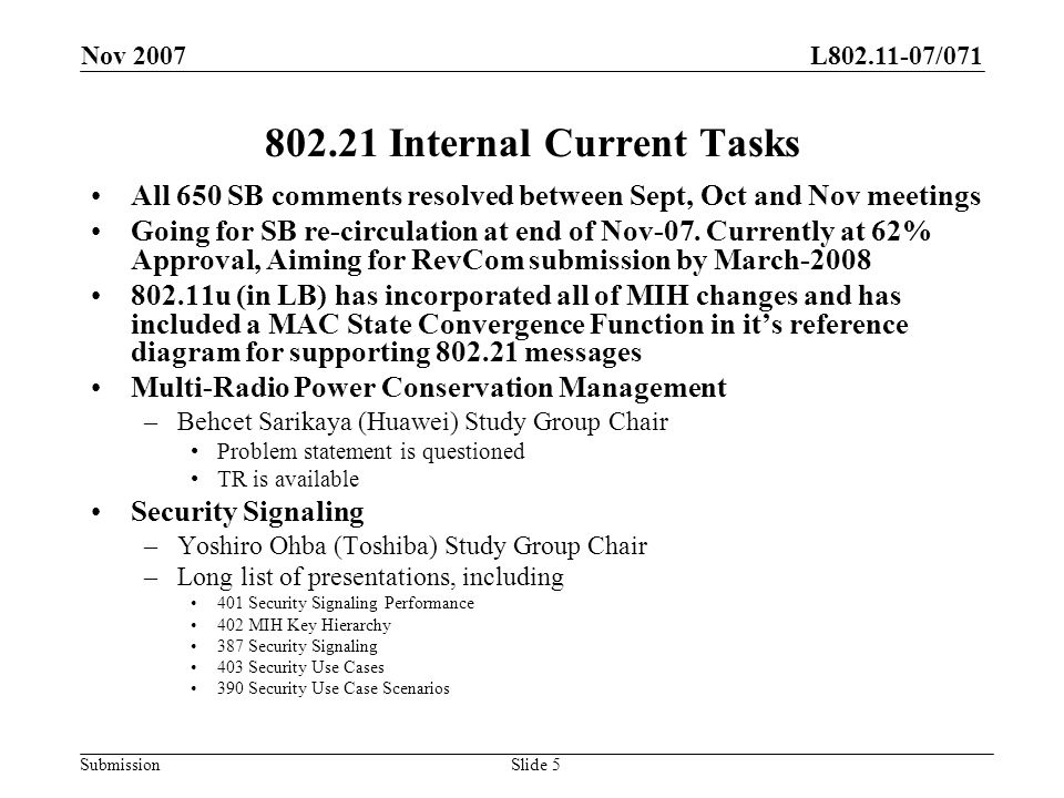 L /071 Submission Nov 2007 Slide Internal Current Tasks All 650 SB comments resolved between Sept, Oct and Nov meetings Going for SB re-circulation at end of Nov-07.