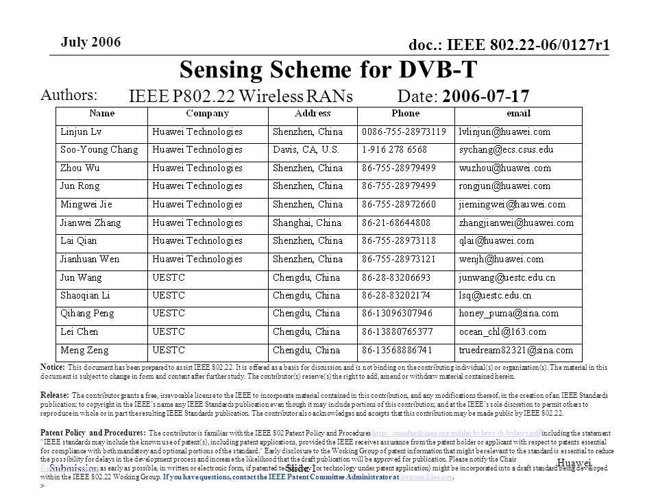 doc.: IEEE /0127r1 Submission July 2006 Slide 1 Huawei Sensing Scheme for DVB-T IEEE P Wireless RANs Date: Authors: Notice: This document has been prepared to assist IEEE