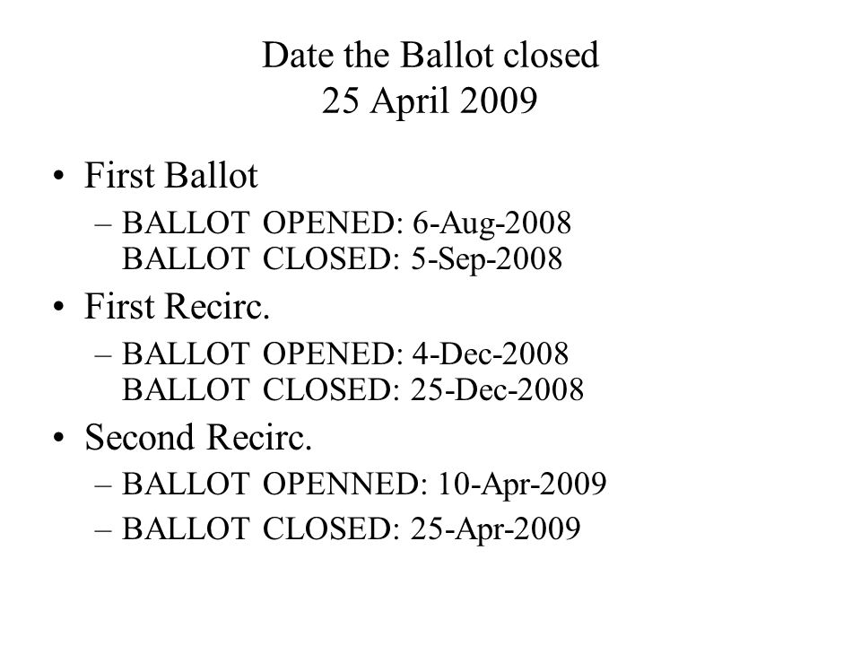 Date the Ballot closed 25 April 2009 First Ballot –BALLOT OPENED: 6-Aug-2008 BALLOT CLOSED: 5-Sep-2008 First Recirc.