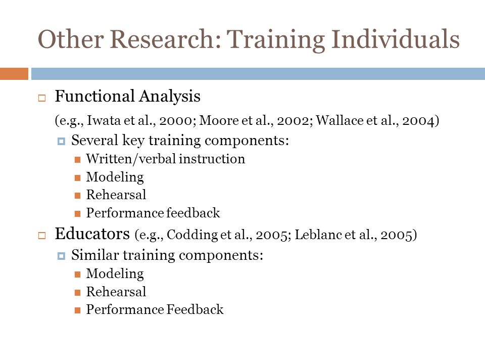 Other Research: Training Individuals Functional Analysis (e.g., Iwata et al., 2000; Moore et al., 2002; Wallace et al., 2004) Several key training components: Written/verbal instruction Modeling Rehearsal Performance feedback Educators (e.g., Codding et al., 2005; Leblanc et al., 2005) Similar training components: Modeling Rehearsal Performance Feedback