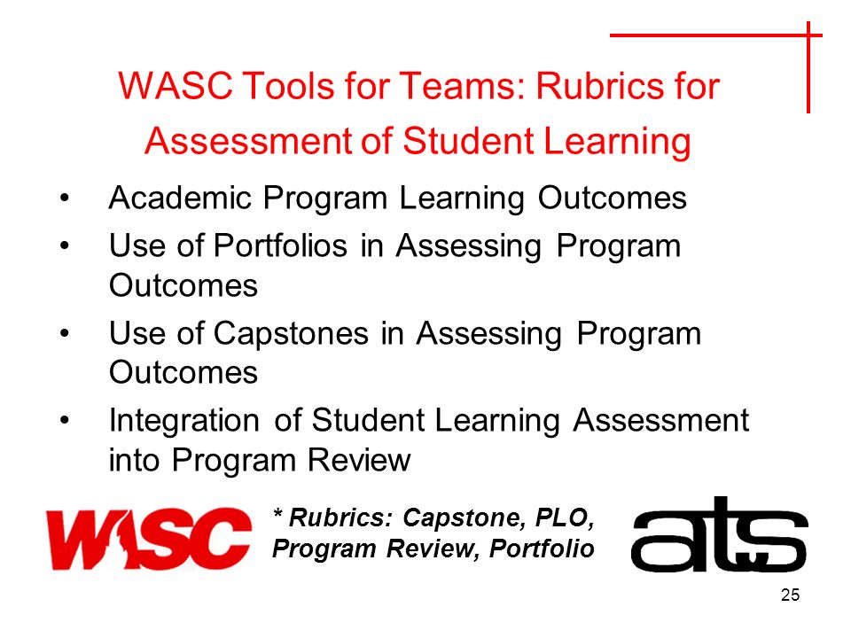 25 WASC Tools for Teams: Rubrics for Assessment of Student Learning Academic Program Learning Outcomes Use of Portfolios in Assessing Program Outcomes Use of Capstones in Assessing Program Outcomes Integration of Student Learning Assessment into Program Review * Rubrics: Capstone, PLO, Program Review, Portfolio
