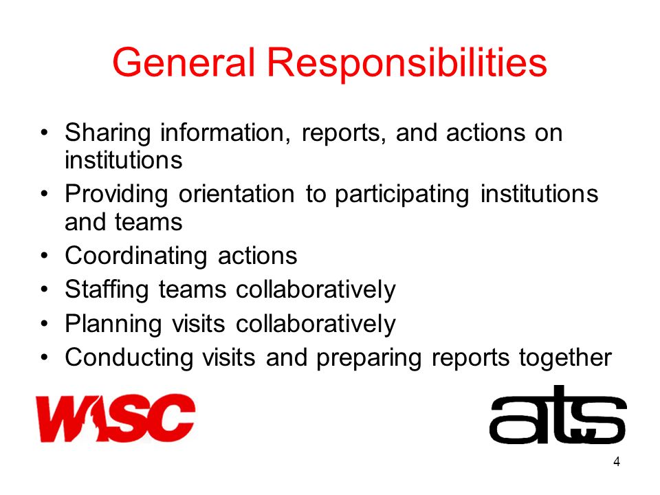 4 General Responsibilities Sharing information, reports, and actions on institutions Providing orientation to participating institutions and teams Coordinating actions Staffing teams collaboratively Planning visits collaboratively Conducting visits and preparing reports together