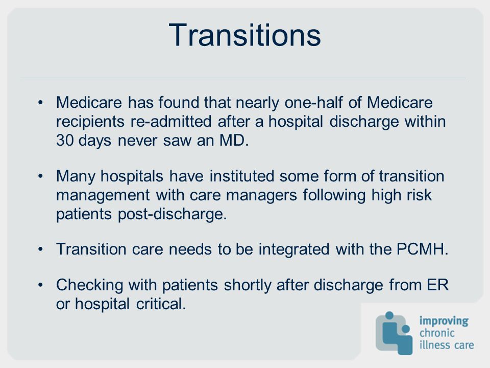 Transitions Medicare has found that nearly one-half of Medicare recipients re-admitted after a hospital discharge within 30 days never saw an MD.