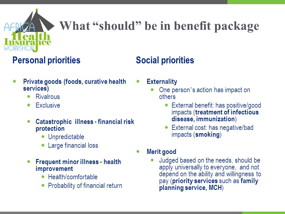 What should be in benefit package Personal priorities Private goods (foods, curative health services) Rivalrous Exclusive Catastrophic illness - financial risk protection Unpredictable Large financial loss Frequent minor illness - health improvement Health/comfortable Probability of financial return Social priorities Externality One person s action has impact on others External benefit: has positive/good impacts ( treatment of infectious disease, immunization ) External cost: has negative/bad impacts ( smoking ) Merit good Judged based on the needs, should be apply universally to everyone, and not depend on the ability and willingness to pay ( priority services such as family planning service, MCH )