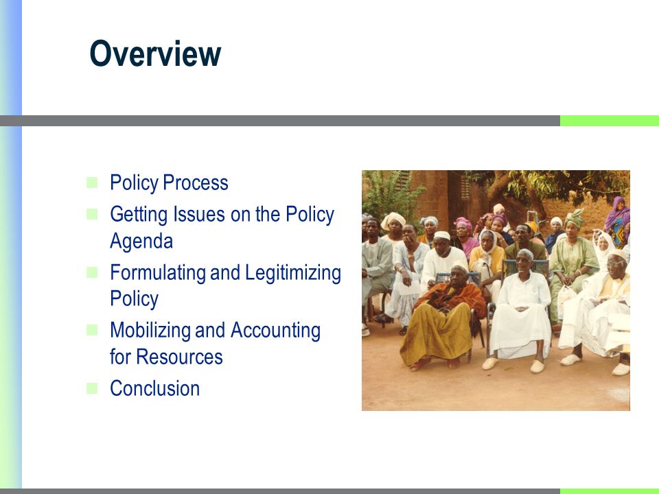 Overview Policy Process Getting Issues on the Policy Agenda Formulating and Legitimizing Policy Mobilizing and Accounting for Resources Conclusion