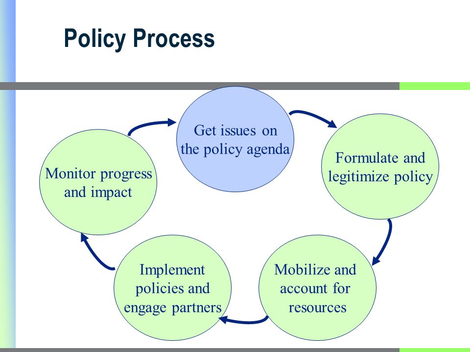 Policy Process Get issues on the policy agenda Mobilize and account for resources Implement policies and engage partners Monitor progress and impact Formulate and legitimize policy