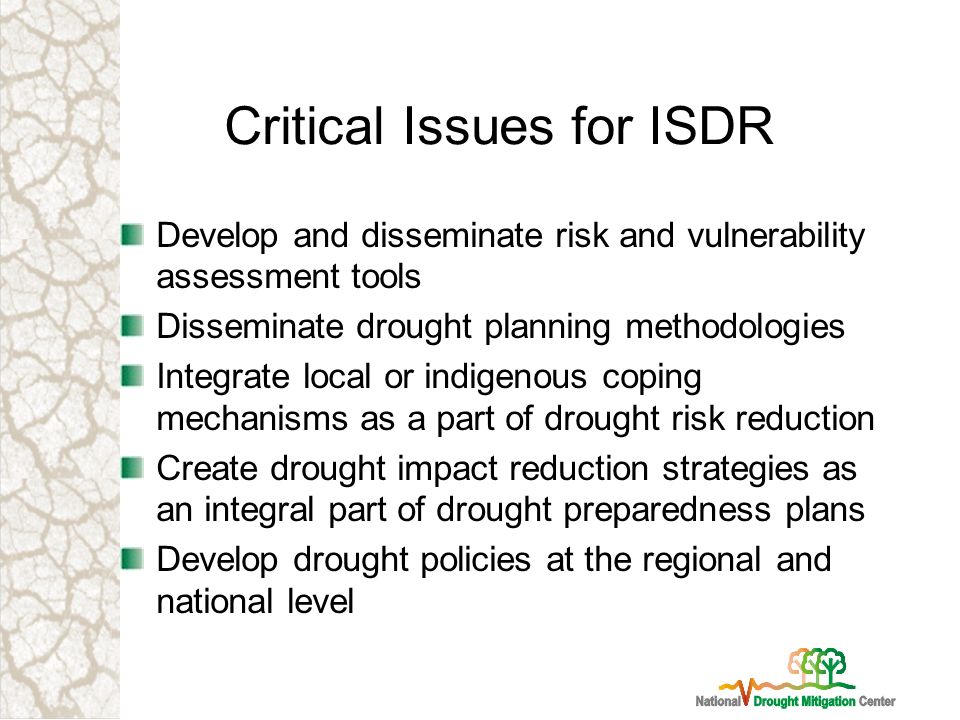 Critical Issues for ISDR Develop and disseminate risk and vulnerability assessment tools Disseminate drought planning methodologies Integrate local or indigenous coping mechanisms as a part of drought risk reduction Create drought impact reduction strategies as an integral part of drought preparedness plans Develop drought policies at the regional and national level
