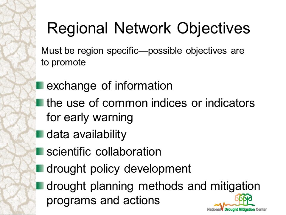 Regional Network Objectives exchange of information the use of common indices or indicators for early warning data availability scientific collaboration drought policy development drought planning methods and mitigation programs and actions Must be region specificpossible objectives are to promote