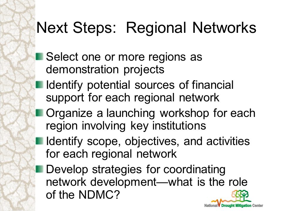 Next Steps: Regional Networks Select one or more regions as demonstration projects Identify potential sources of financial support for each regional network Organize a launching workshop for each region involving key institutions Identify scope, objectives, and activities for each regional network Develop strategies for coordinating network developmentwhat is the role of the NDMC