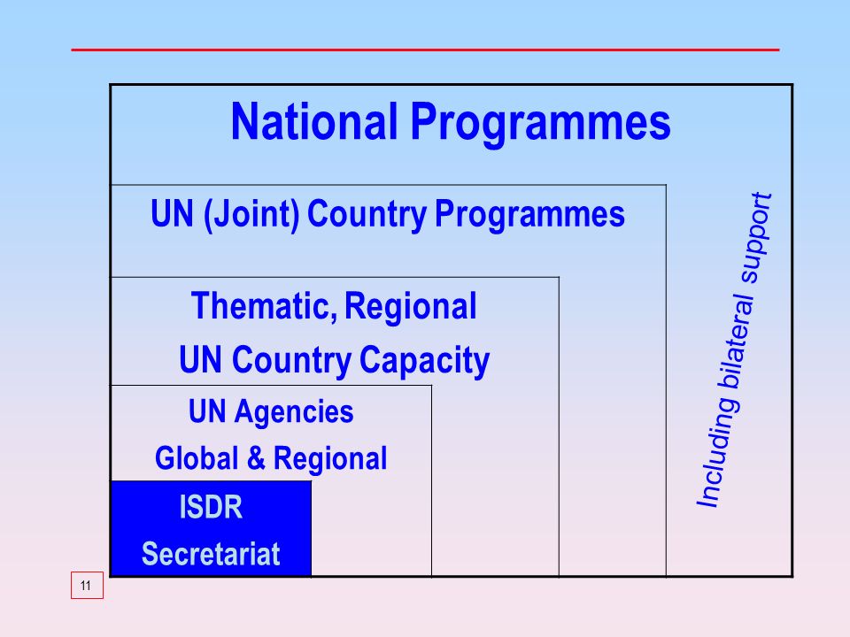 11 National Programmes UN (Joint) Country Programmes Thematic, Regional UN Country Capacity UN Agencies Global & Regional ISDR Secretariat Including bilateral support