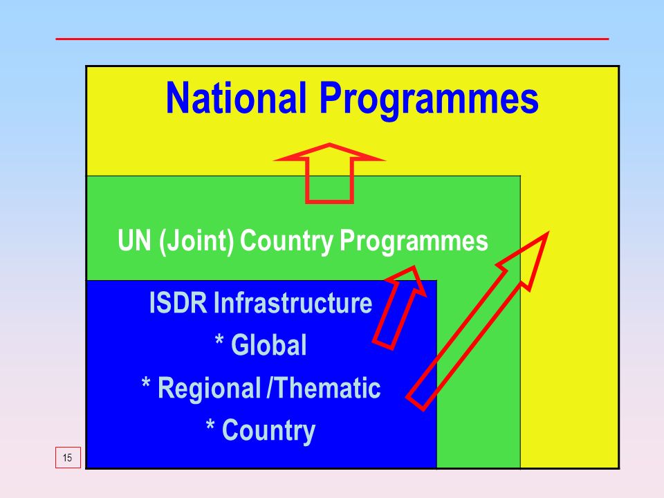 15 National Programmes UN (Joint) Country Programmes ISDR Infrastructure * Global * Regional /Thematic * Country